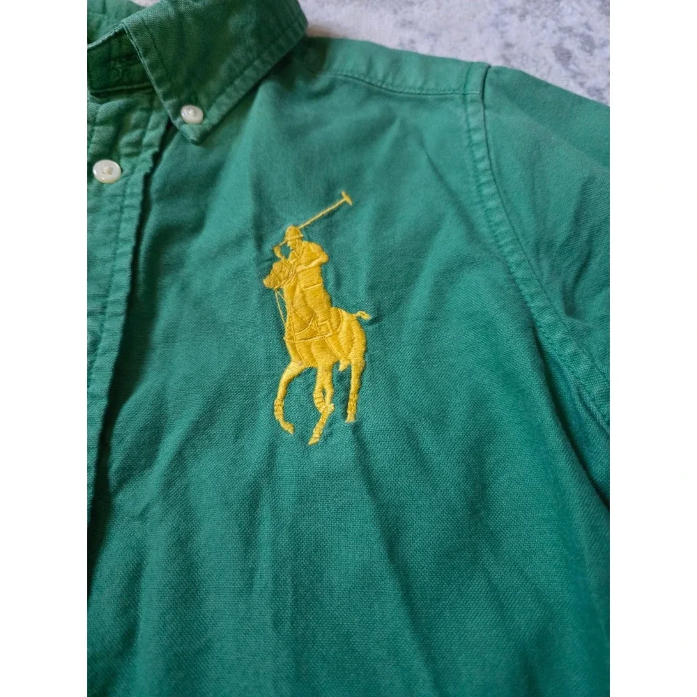 Ralph Lauren Boys 5 Green and Yellow Big Pony‎ Cotton Oxford Shirt Long Sleeve